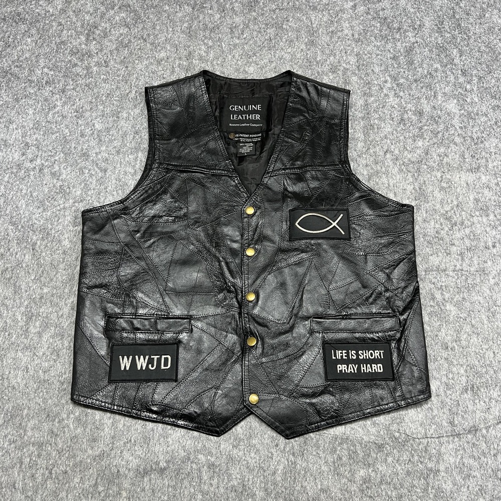 Navarre Leather Company Vest Mens L Genuine Leather Jesus Christian Patches WWJD